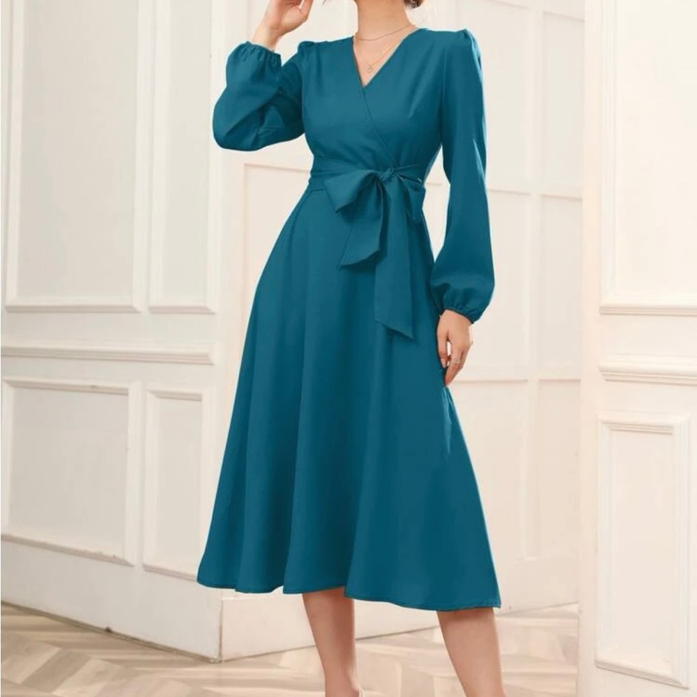 Surplice Neck Bishop Sleeve Belted Dress